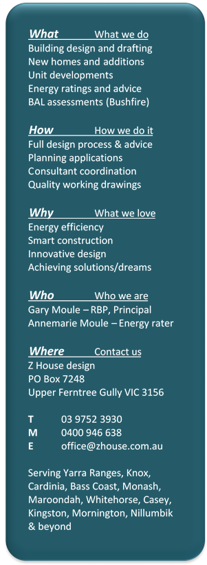 What		What we do
Building design and drafting
New homes and additions
Unit developments
Energy ratings and advice
BAL assessments (Bushfire)

How		How we do it
Full design process & advice
Planning applications
Consultant coordination
Quality working drawings

Why		What we love
Energy efficiency
Smart construction
Innovative design
Achieving solutions/dreams

Who		Who we are
Gary Moule  RBP, Principal
Annemarie Moule  Energy rater

Where	Contact us
Z House design 
PO Box 7248
Upper Ferntree Gully VIC 3156

T	03 9752 3930
M	0400 946 638
E	office@zhouse.com.au

Serving Yarra Ranges, Knox, Cardinia, Bass Coast, Monash, Maroondah, Whitehorse, Casey, Kingston, Mornington, Nillumbik & beyond
